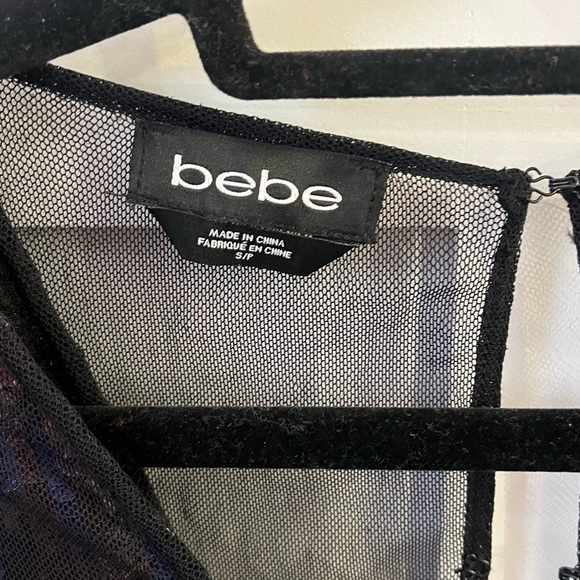 Bebe Black Mini Dress Romper with Sequin Bodice & Sheer Sleeves - Picture 5 of 5